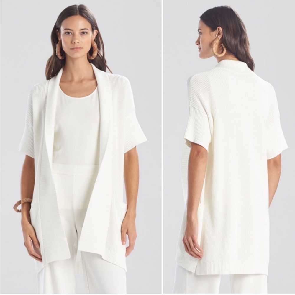 Natori Beijing Textured Knit Cardigan Sweater Pockets Long Line‎ Size S